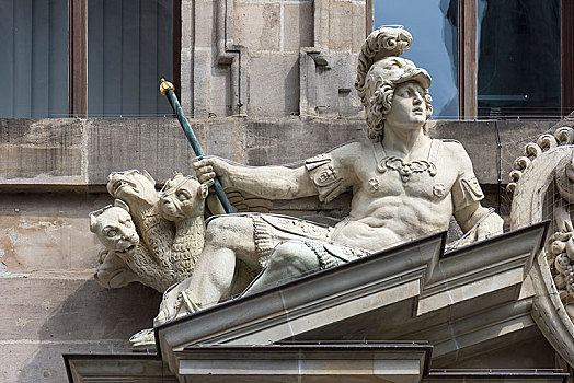 雕塑,亚历山大大帝,豹,老市政厅,纽伦堡,中间,弗兰克尼亚,巴伐利亚,德国,欧洲