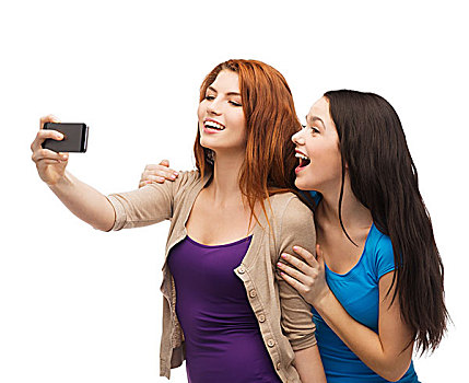 科技,友谊,人,概念,两个,微笑,青少年,照相,智能手机,相机