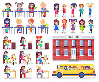 孩子,授课,乘,校车,坐,桌子,读,书本,教育机构,小,学生,矢量,插画
