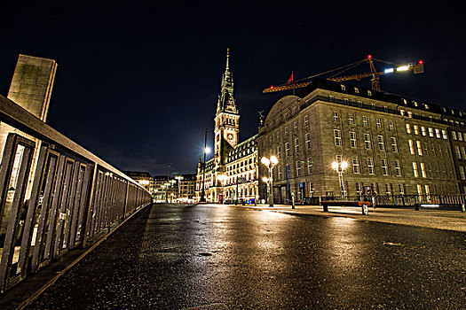 汉堡市,夜晚,照片,长,定时暴光,市政厅