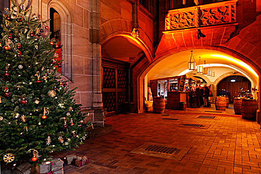 圣诞市场,拱形,圣诞树,建筑,历史名城,纽伦堡,中间,弗兰克尼亚,巴伐利亚,德国,欧洲