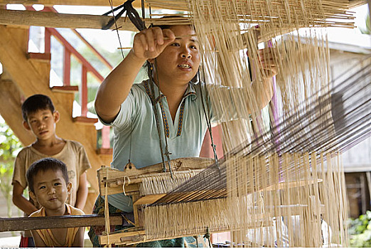 女人,编织,老挝