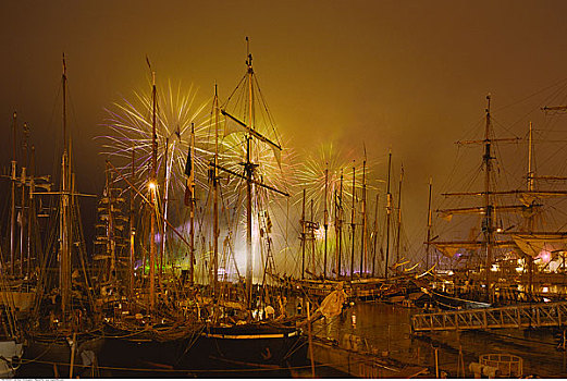 烟花,庆贺,结束,高桅横帆船,赛舟会,布雷斯特,诺曼底,法国