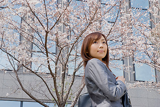 站在樱花树下的年轻女性