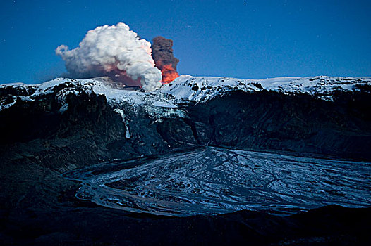 火山灰,云,火山,蒸汽,火山岩,流动,冰河,舌头,出口,早先的,洪水,冰岛,欧洲