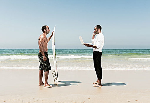 一个,男人,站立,海滩,冲浪板,度假,工作,商务人士,安达卢西亚,西班牙