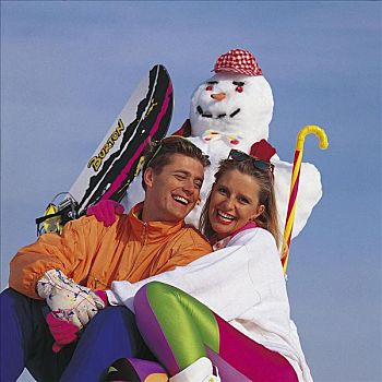 伴侣,男人,女人,雪人,乐趣,滑雪板,冬天,欧洲