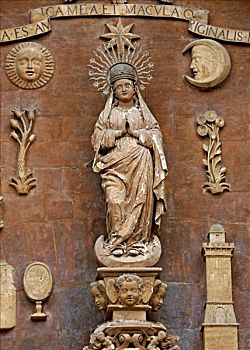 雕塑,圣母玛利亚,象征,太阳,柏树,百合,月亮,镜子,文艺复兴,门口,大教堂,帕尔马,马略卡岛,巴利阿里群岛,西班牙,欧洲