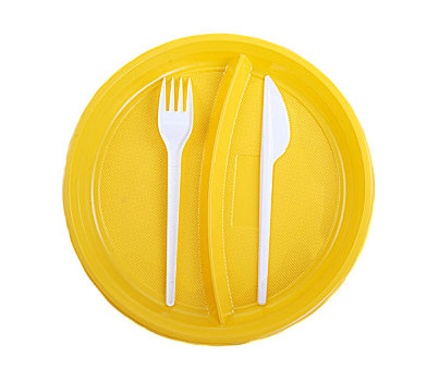 黄色,塑料制品,盘子,叉子,刀