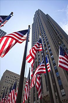 美国国旗,洛克菲勒中心,建筑背景,纽约,美国