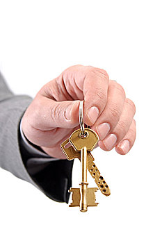 男性,房地产,管理人员,握着,两个,钥匙