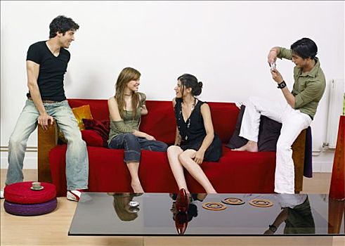两个女孩,一个,男孩,照相,红色,沙发
