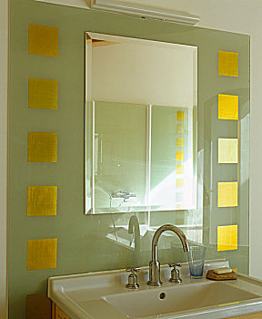 一个,一对,洗,盆,浴室,镜子,围绕,玻璃,装饰,金箔