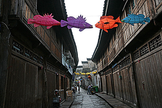鱼灯,古建筑,房子,街道,悬挂,彩色,五彩,渔文化