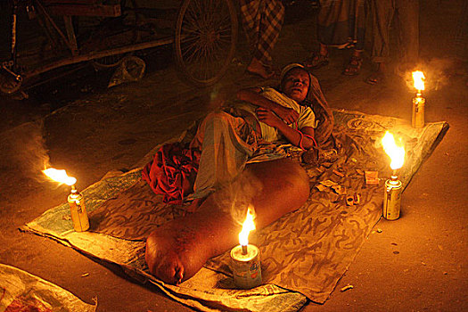 一个,男人,感染,疾病,路边,夜晚,达卡,孟加拉,八月,2008年