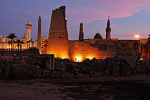 塔,方尖塔,雕塑,拉美西斯,路克索神庙,庙宇,夜晚,尼罗河流域,埃及,非洲
