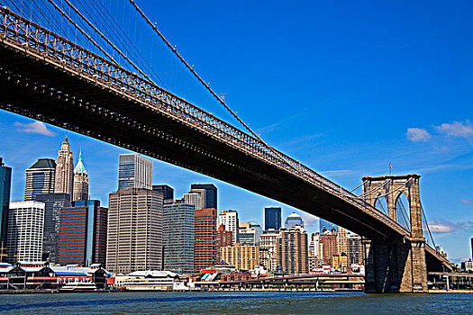 仰视,桥,布鲁克林大桥,下曼哈顿,帝国大厦,渡轮,州立公园,地区,布鲁克林,纽约,美国