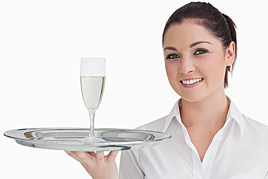 微笑,女人,银色托盘,玻璃,香槟