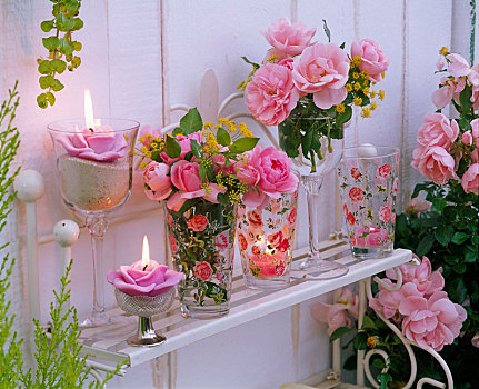 花束,玫瑰,茴香属,玻璃,蜡烛
