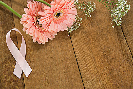 特写,粉色,乳腺癌,意识,带,大丁草,花,木桌子