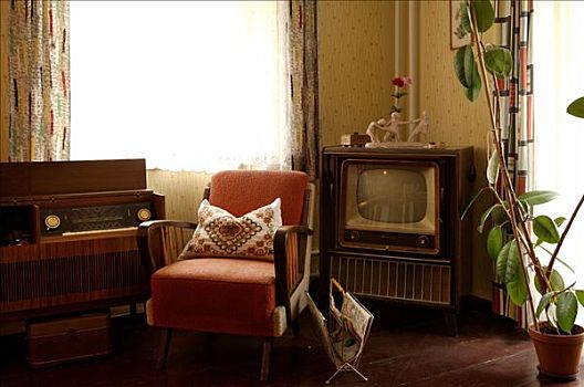 20世纪50年代,客厅,电视,无线电,扶手椅,中间,弗兰克尼亚,巴伐利亚,德国,欧洲