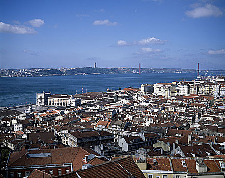 葡萄牙,里斯本,天际线,河,吊桥