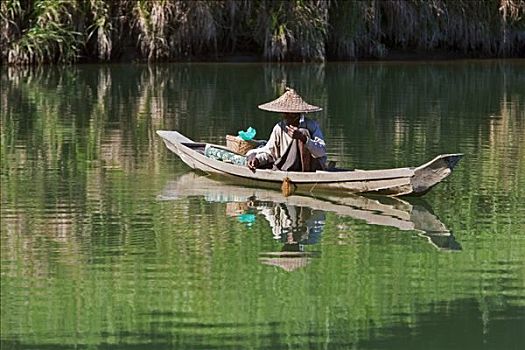 缅甸,卧,河,男人,鱼,小,木船,安静,水