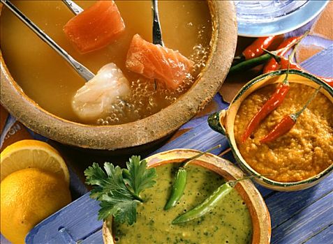 鱼肉,酱汁火锅,加那利群岛,风格,叉子,辛辣,肉汤