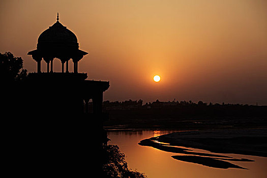 日落,上方,泰姬陵,河,阿格拉,印度