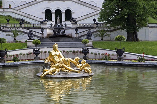 金色,喷泉,城堡,公园,林德霍夫堡,巴伐利亚