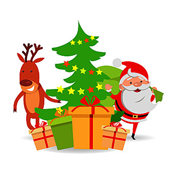 圣诞老人,鹿,靠近,装饰,圣诞树,不同,盒子,礼物,拿着,绿色,袋,卡通,设计,常青树,星,风格,矢量