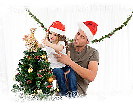 可爱,女儿,装饰,圣诞树,父亲