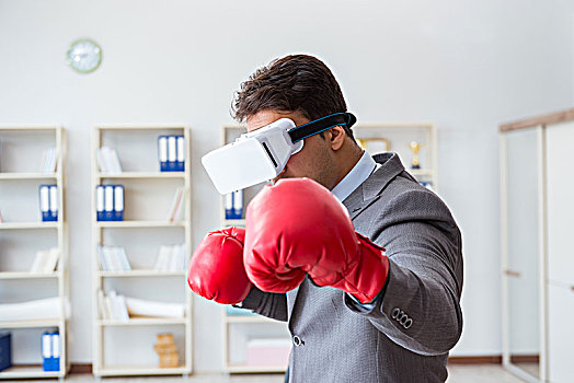 男人,拳击,办公室,虚拟现实,护目镜