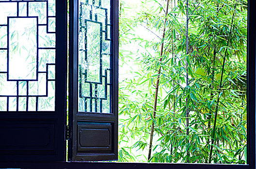 绿色,竹子,旁侧,中国,木质,窗户