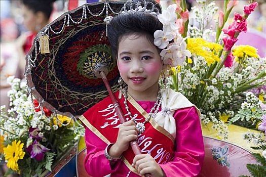 亚洲,泰国,北方,清迈,节日,游行,街道,传统,泰国人,女孩,孩子,女性,肖像,东方,脸,亚洲人,服饰,传统服装