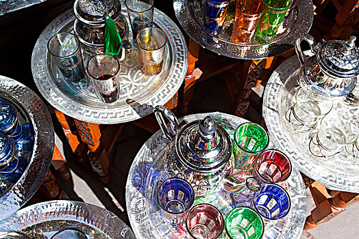俯拍,特写,罐,薄荷茶,玻璃杯,传统,北非,市场