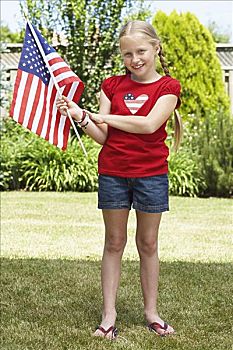 女孩,肖像,拿着,美国国旗