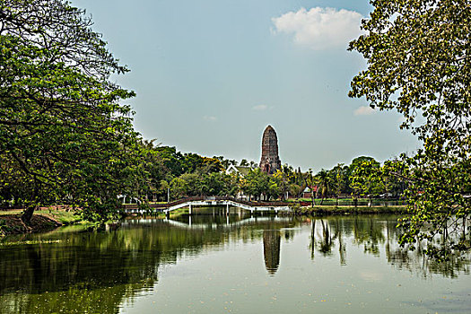 湖,佛教寺庙,寺院,大城府,泰国,亚洲