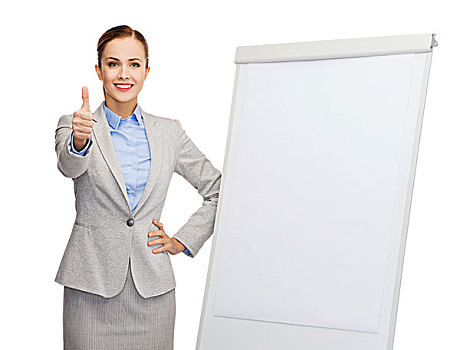 商务,教育,办公室,概念,微笑,职业女性,站立,靠近,白板,展示,竖大拇指
