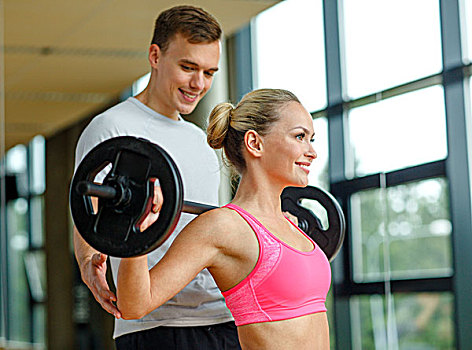 运动,健身,生活方式,人,概念,微笑,男人,女人,杠铃,练习,健身房