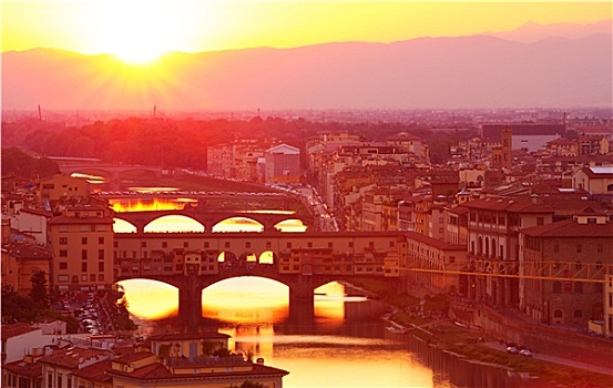 古老,意大利,桥,落日余晖