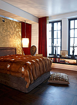 卧室,毛皮,毯子,印象深刻,双人床,光泽,金色,墙壁,后面,软垫,床头板