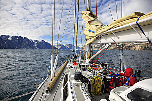格陵兰,东方,冰山,沿岸,风景,山景,帆船
