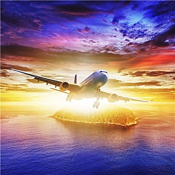 喷气式飞机,上方,热带海岛,日落,时间