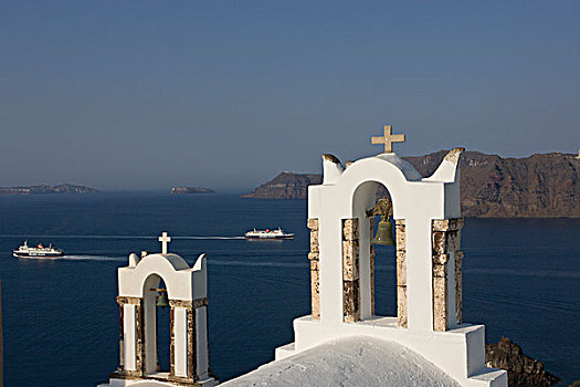 希腊,锡拉岛,两个,希腊正教,钟楼,渡轮,航行,相对,方向