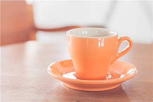 橙色,咖啡杯,木桌子