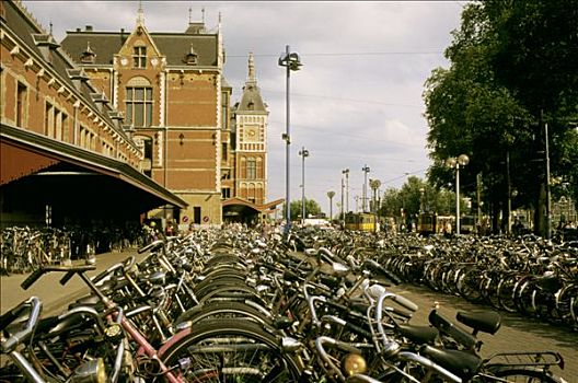 荷兰,阿姆斯特丹,自行车停放,正面,火车站