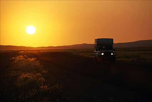 越野车辆,驾驶,日落,自然保护区,纳米比亚,非洲