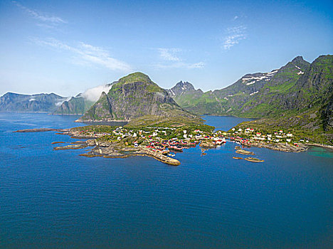 叹为观止,航拍,景色,渔村,罗浮敦群岛,挪威,传统,红色,捕鱼,小屋