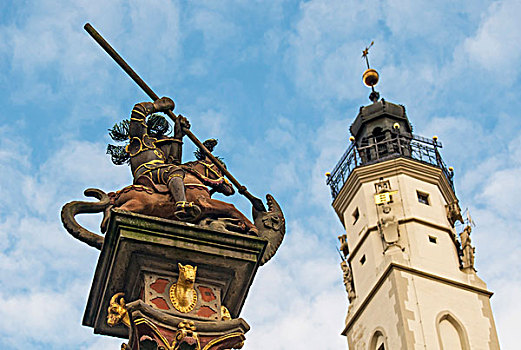 柱子,喷泉,城镇,塔,罗腾堡,罗滕堡,巴伐利亚,德国,欧洲